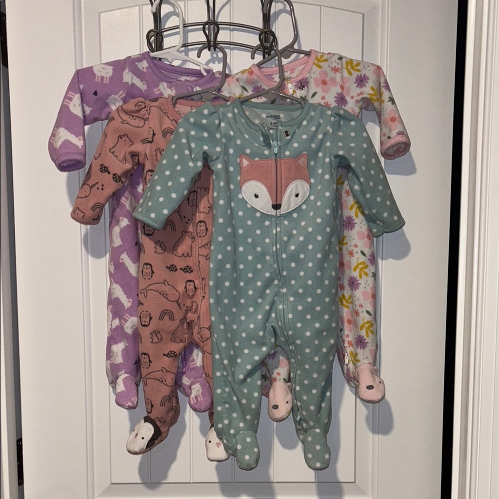 Baby girl footie PJs, warm winter pajamas, fox, llama, floral & penguin